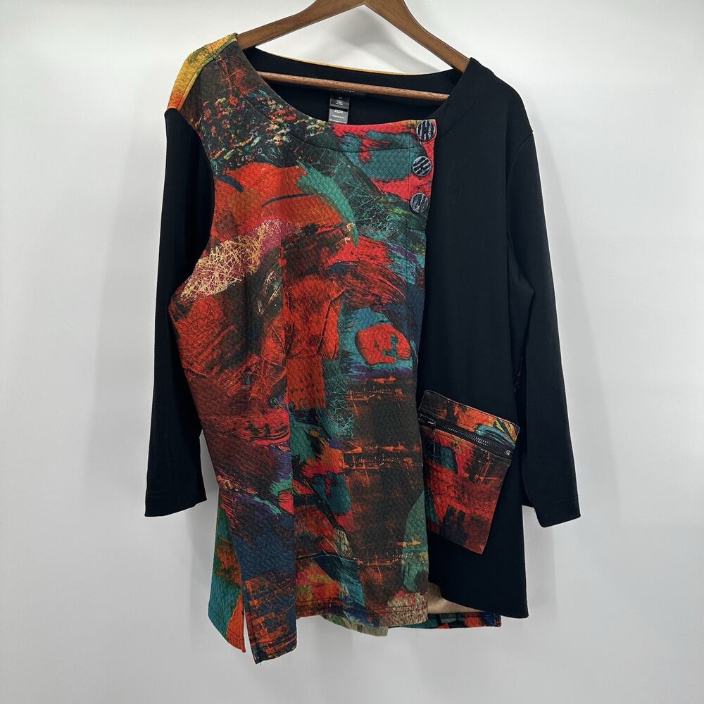 Ali Miles Top Shirt Tunic Womens 2X XXL Multicolor Loud Boxy Art‎ Texture Pocket